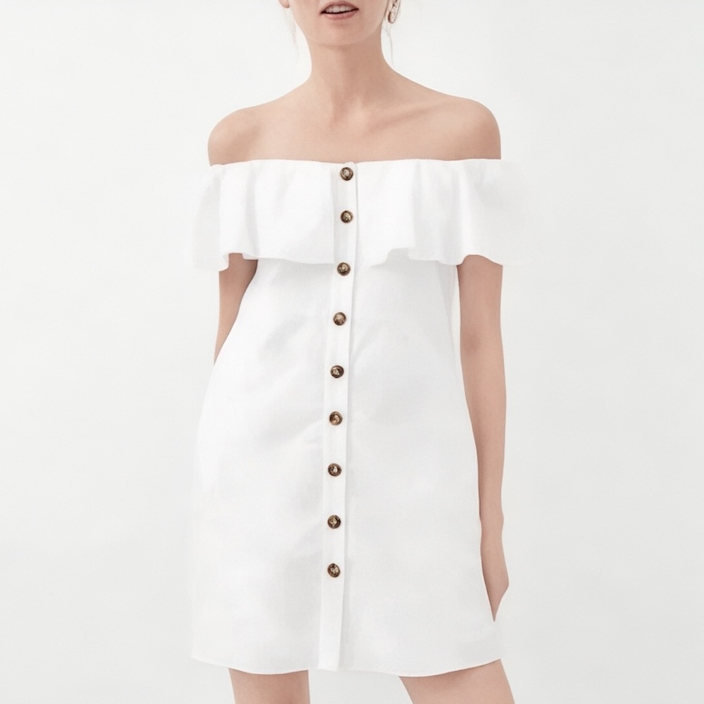 Zara Bardot Ruffled Off-Shoulder Dress in White